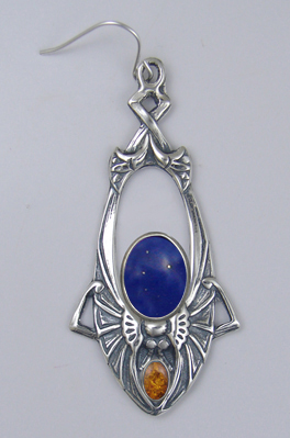 Sterling Silver Dramatic Art Deco Drop Dangle Earrings With Lapis Lazuli And Amber